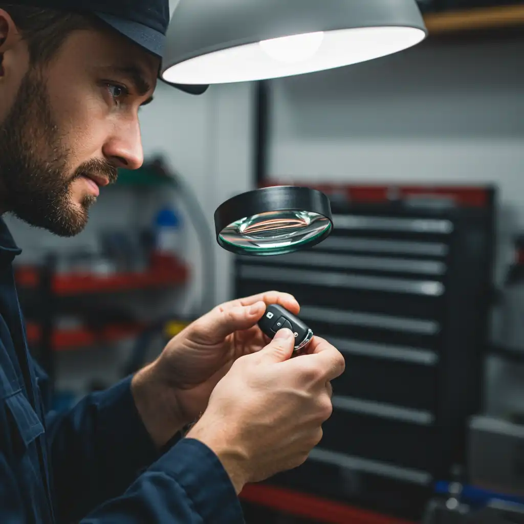 Autosleutelmaker controleerd autosleutel onder licht en vergrootglas