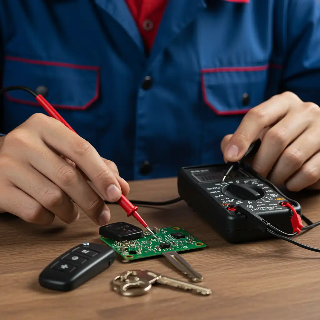 Autosleutelmaker controleert autosleutel